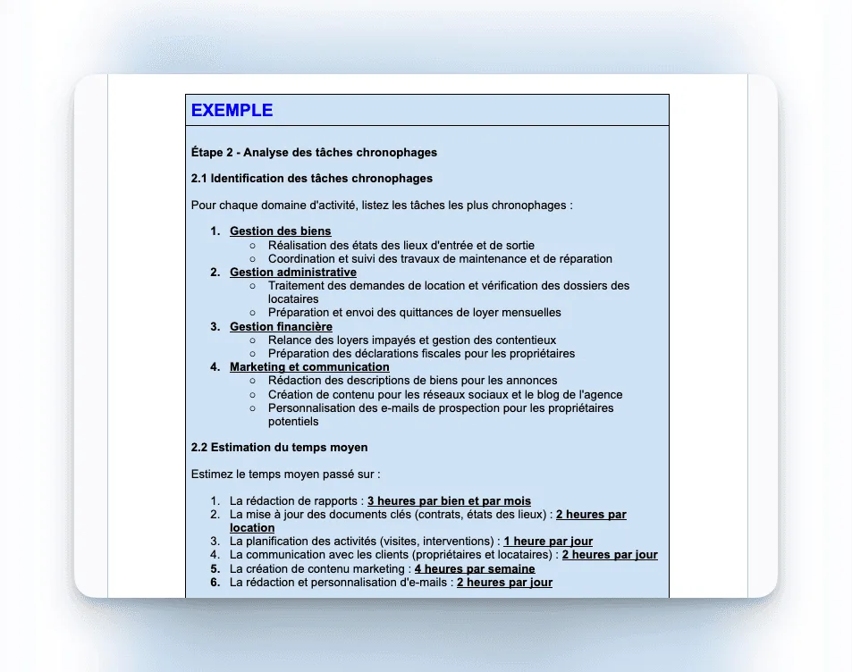 Exemple : analyse des tâches chronophages et estimation du temps moyen