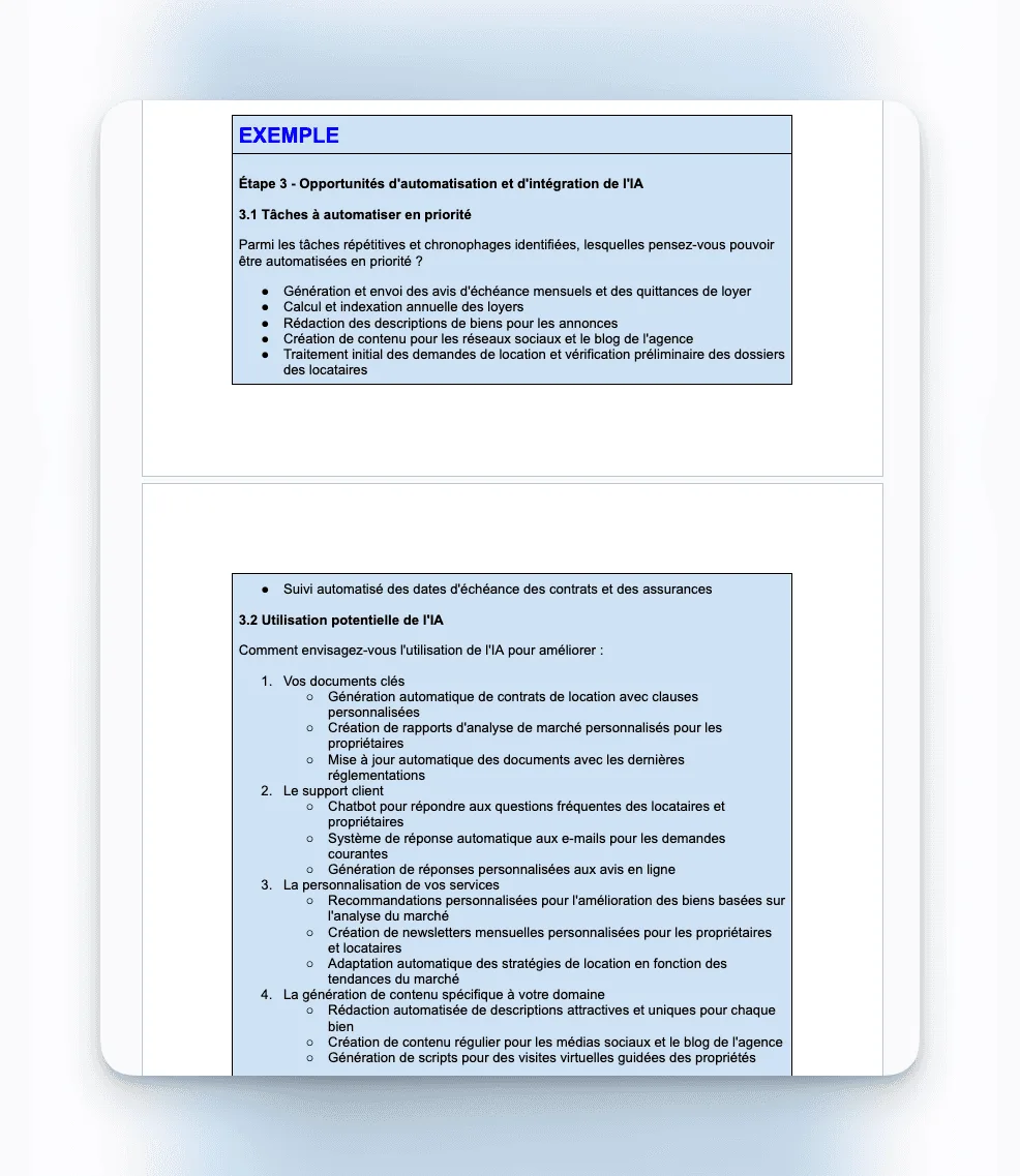 Exemple : opportunités d’automatisation et d’intégration de l’IA dans un tableau de bord