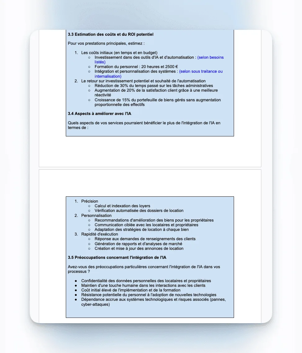 Exemple : estimation des coûts, du ROI potentiel et des points à améliorer