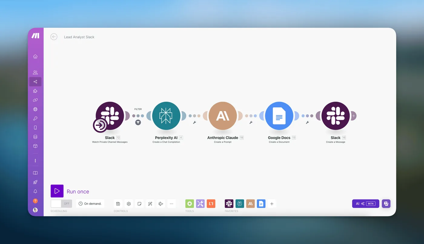 Vue d’ensemble du scénario Make : Slack, Perplexity AI, Anthropic Claude, Google Docs puis Slack