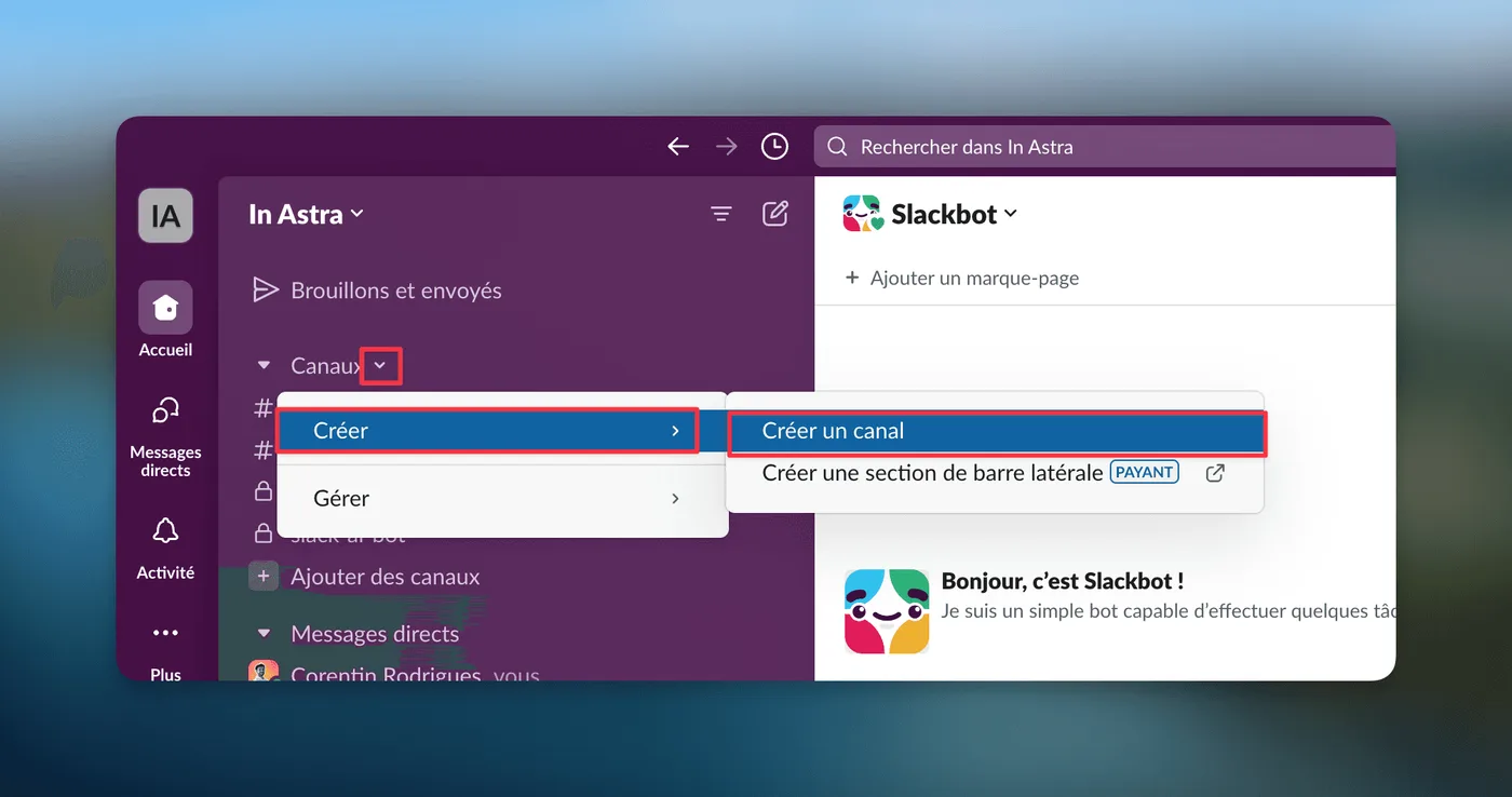 Menu Slack : créer un canal