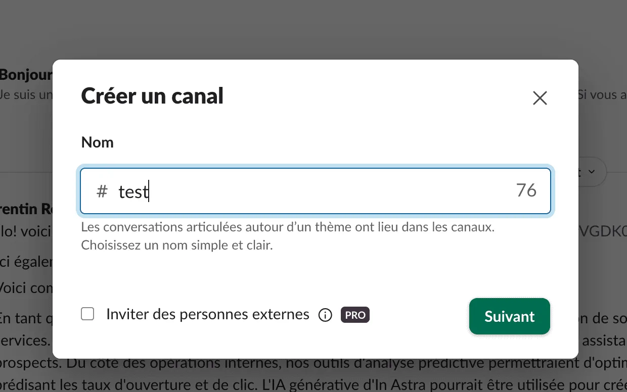 Boîte de dialogue Slack pour nommer le canal