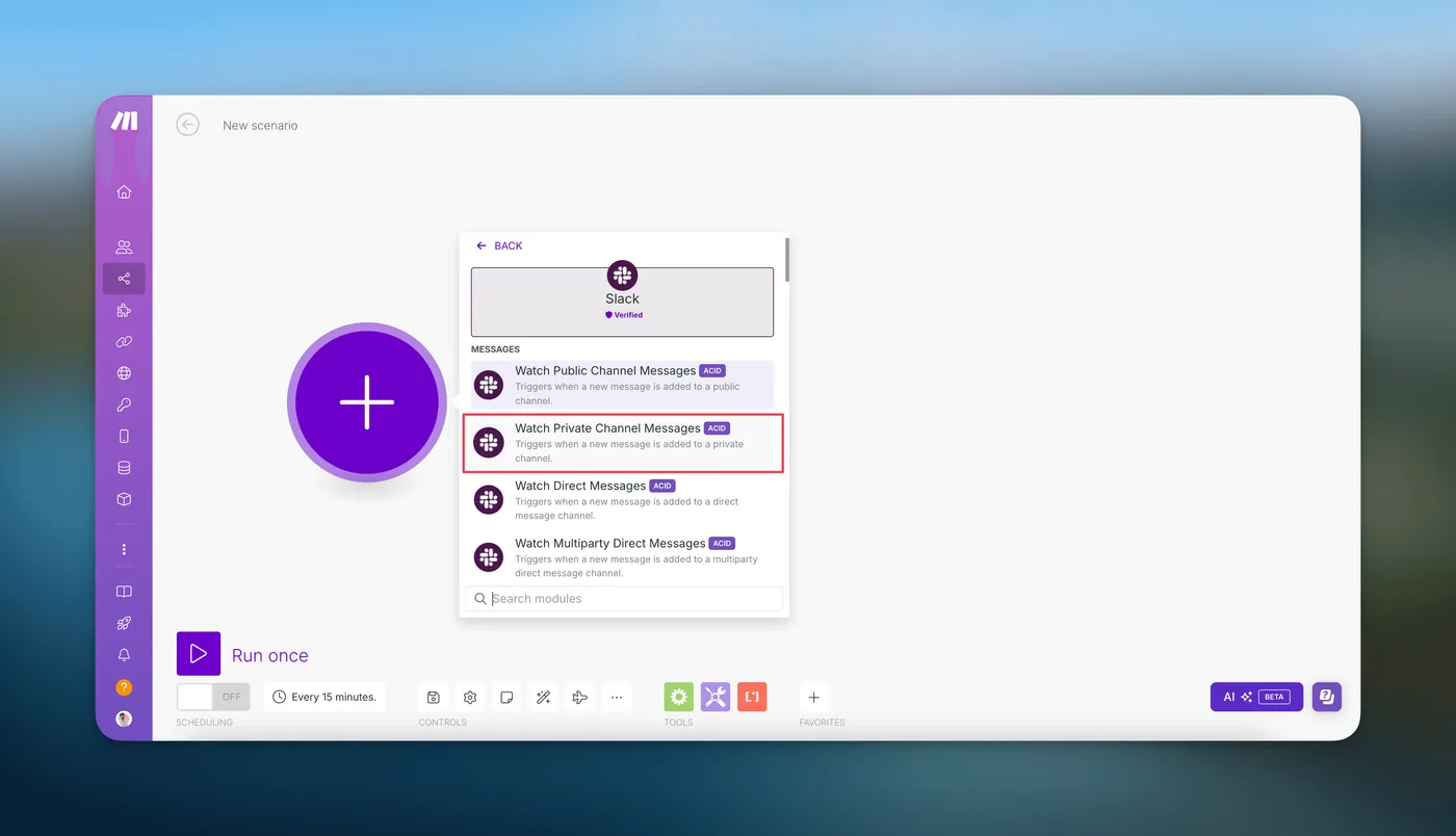 Sélection du module Slack Watch Private Channel Messages dans Make