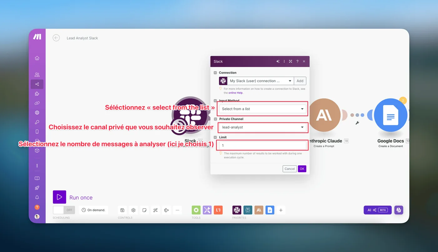 Configuration du déclencheur Slack dans Make : connexion, canal privé et limite