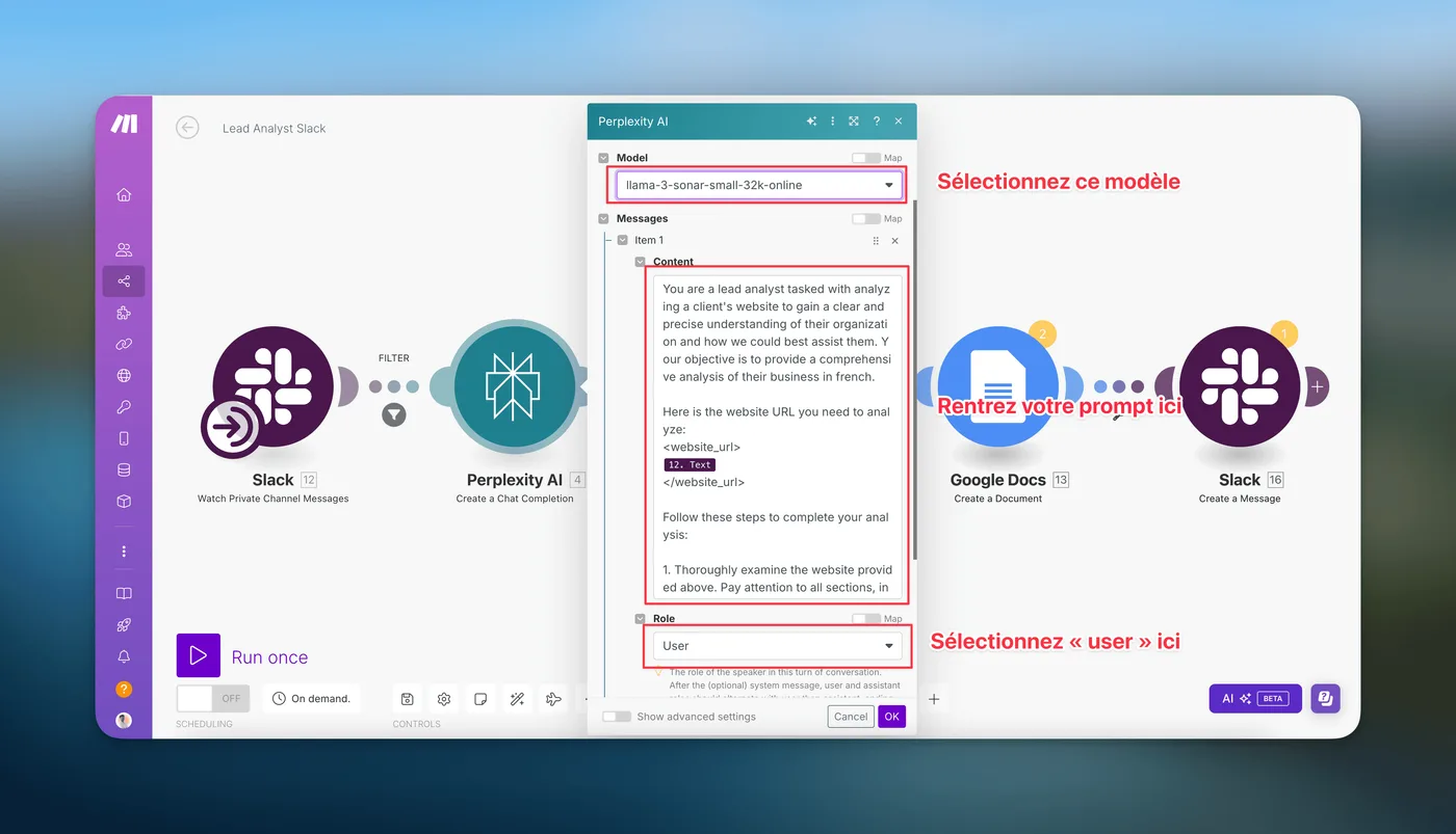 Configuration du module Perplexity AI dans Make : modèle, prompt et rôle User
