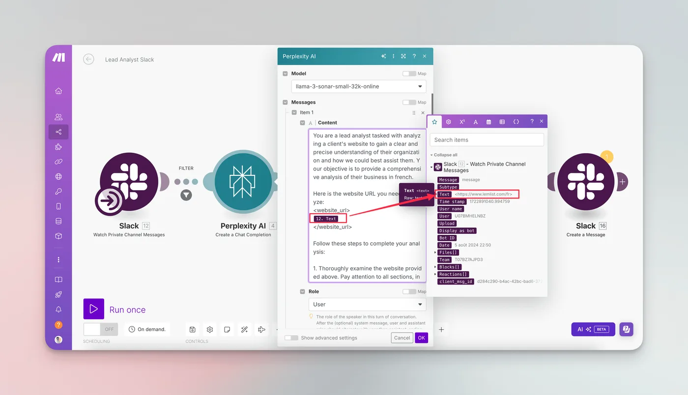Mappage de la variable Text du message Slack dans le prompt Perplexity AI