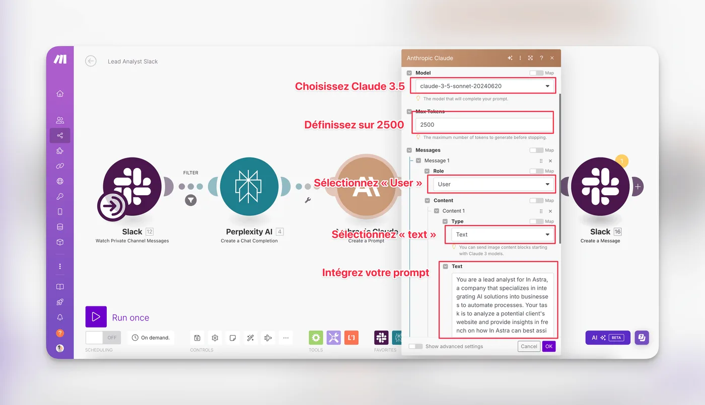 Configuration du module Anthropic Claude dans Make : modèle Claude 3.5 Sonnet, 2500 tokens et prompt