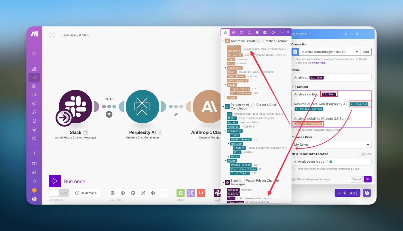 Configuration du module Google Docs dans Make avec les variables mappées