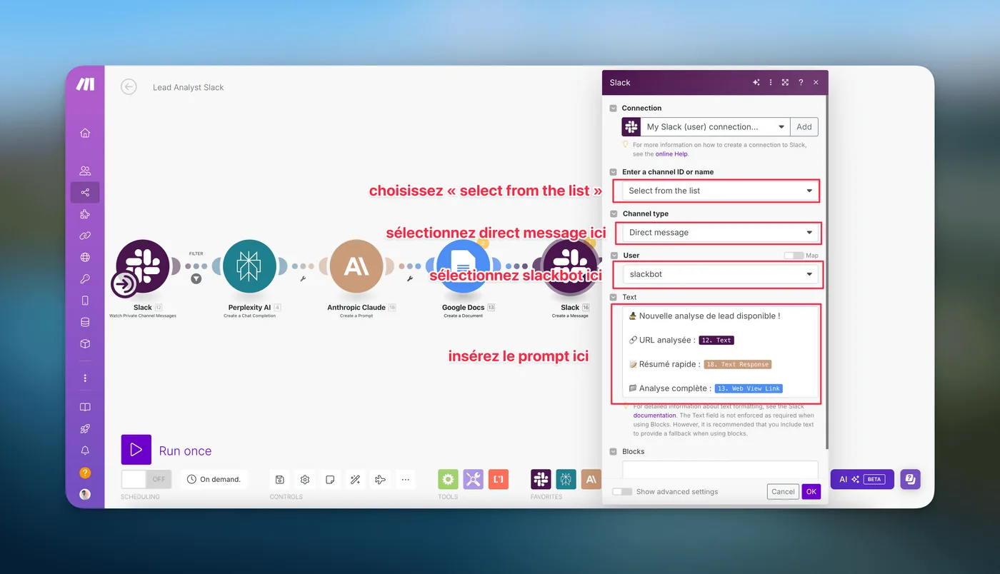 Configuration du module Slack d’envoi de message avec le texte de notification