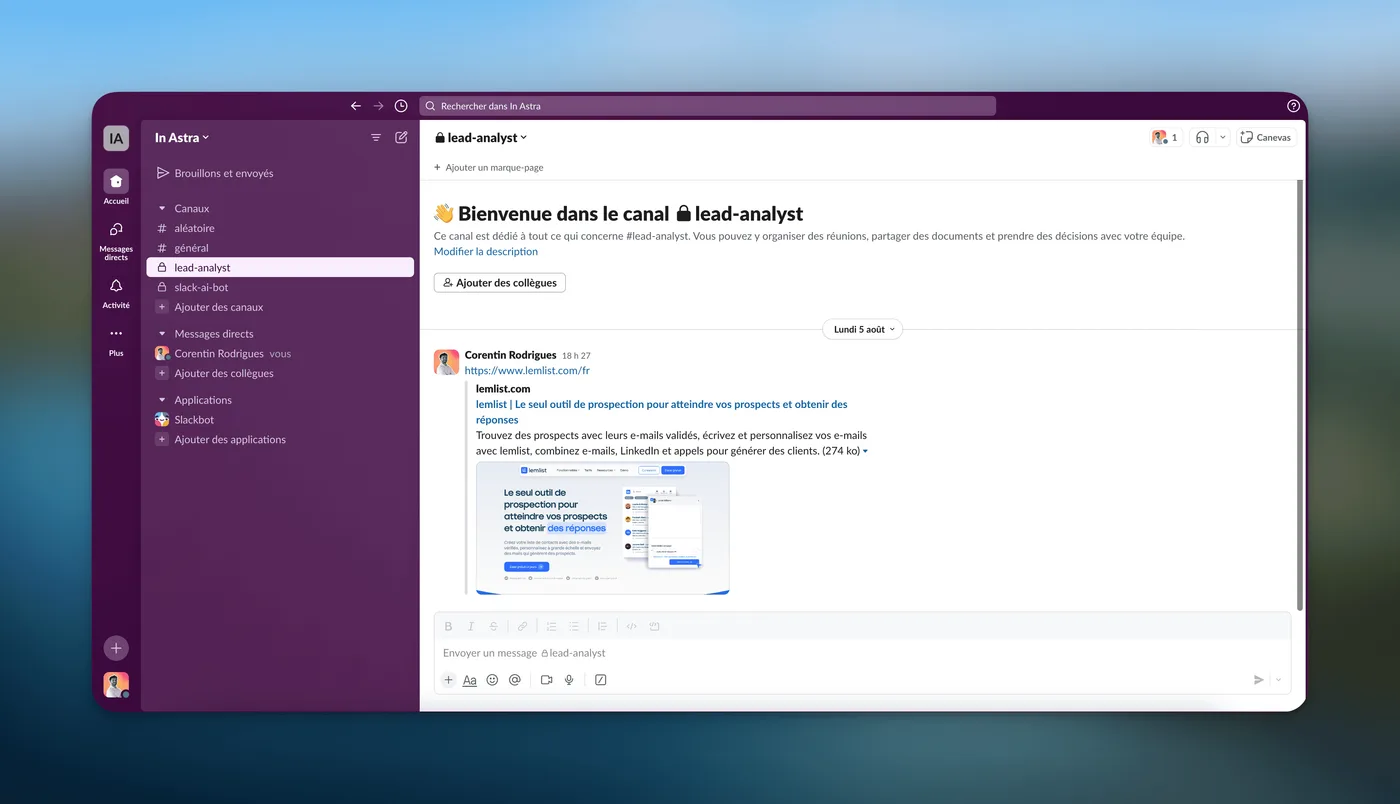 Une URL de lead postée dans le canal Slack lead-analyst