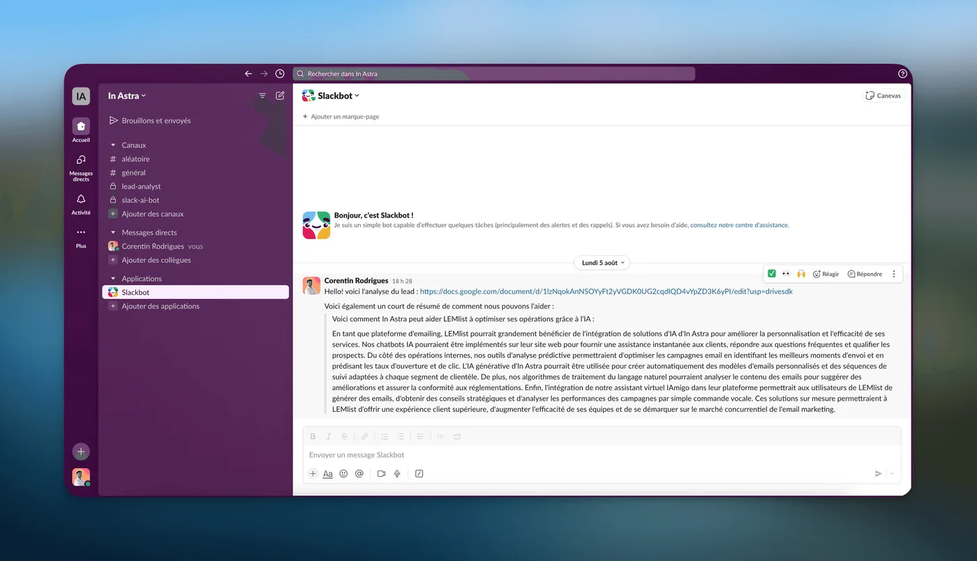 Le résultat de l’analyse de lead livré dans Slack par le bot
