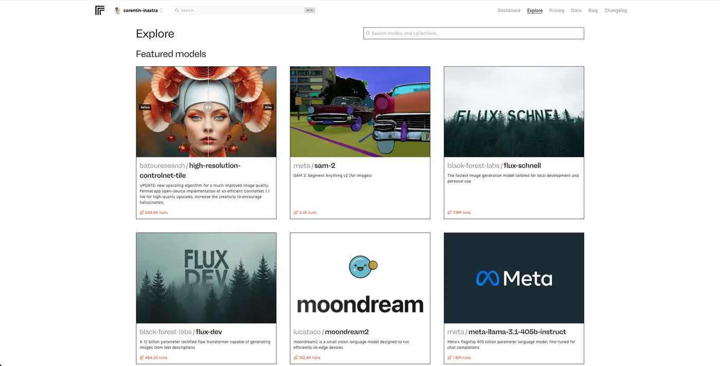 Page Explore de Replicate avec ses modèles en vedette