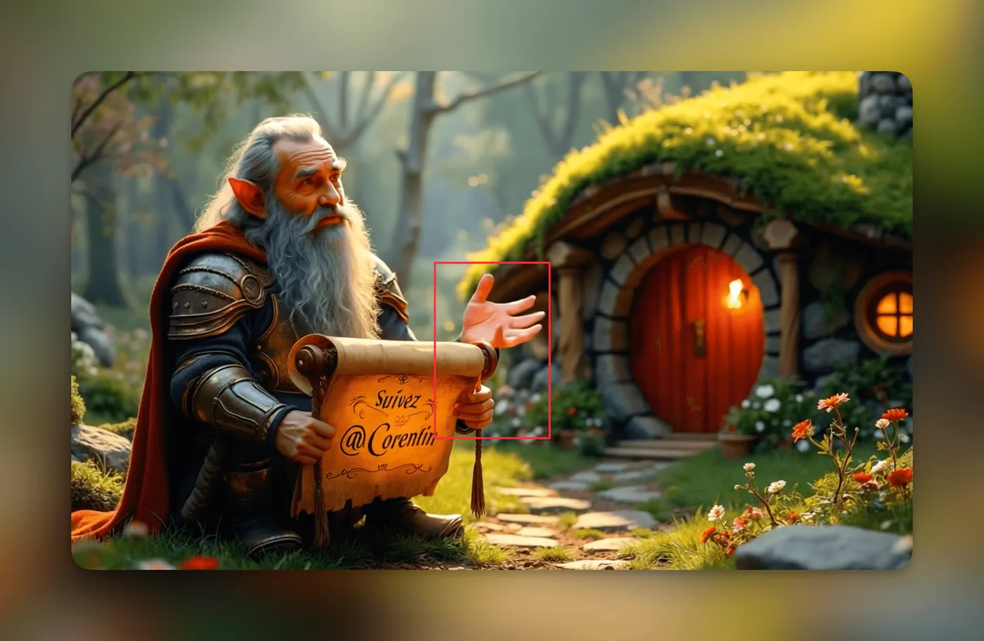 Nain tenant un parchemin « Suivez @Corentin », avec une main dédoublée par l'animation