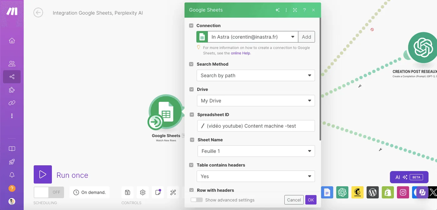 Configuration du module Google Sheets dans Make.com