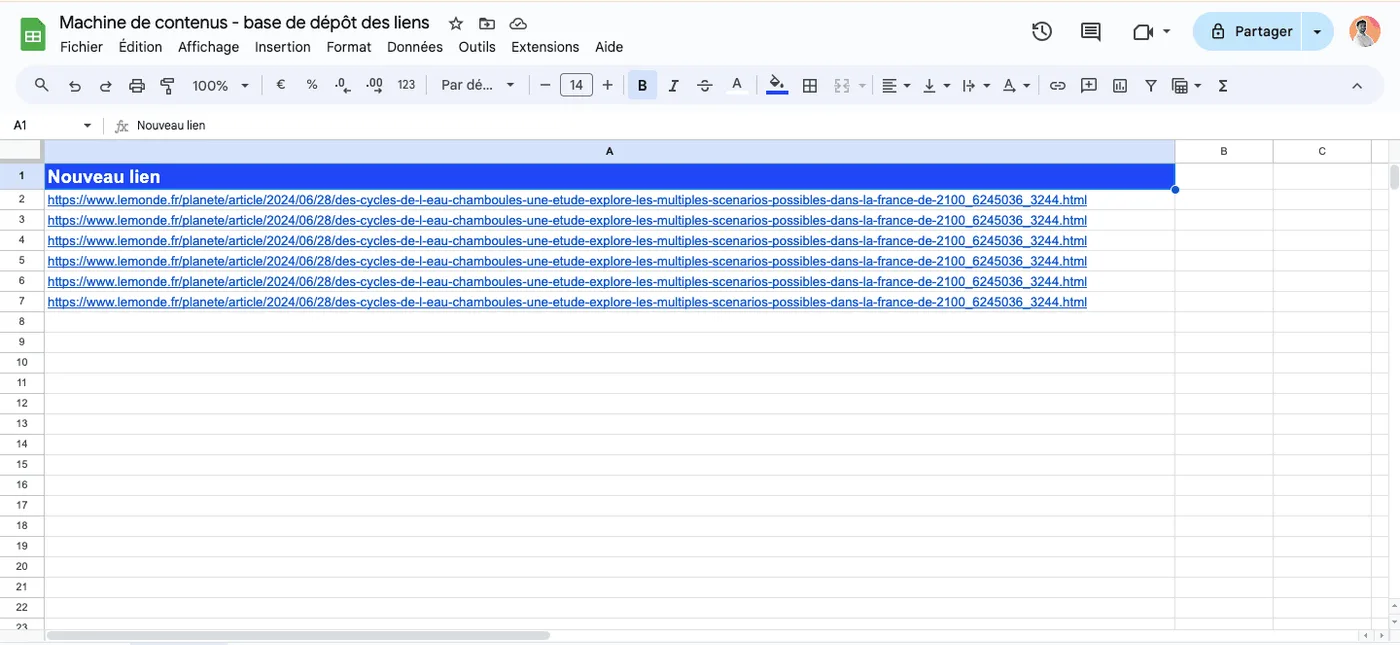 Feuille Google Sheets « Machine de contenus » avec une seule colonne de liens