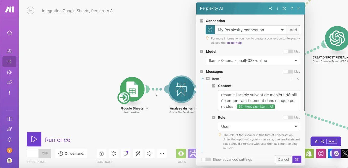 Configuration du module Perplexity AI pour analyser le lien