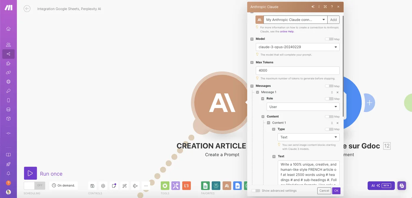 Configuration du module Anthropic Claude avec Max Tokens à 4000