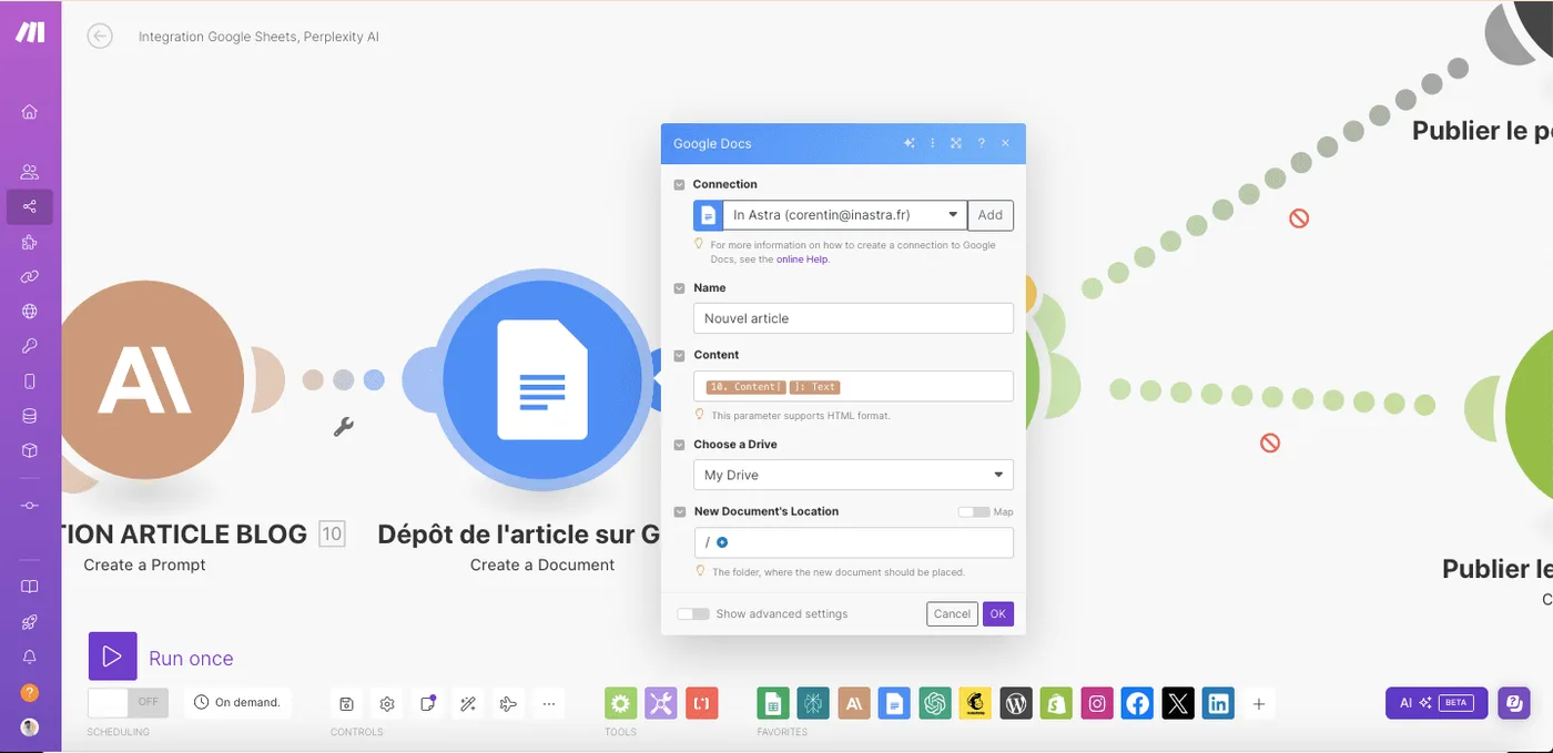 Module Google Docs configuré pour déposer l’article généré