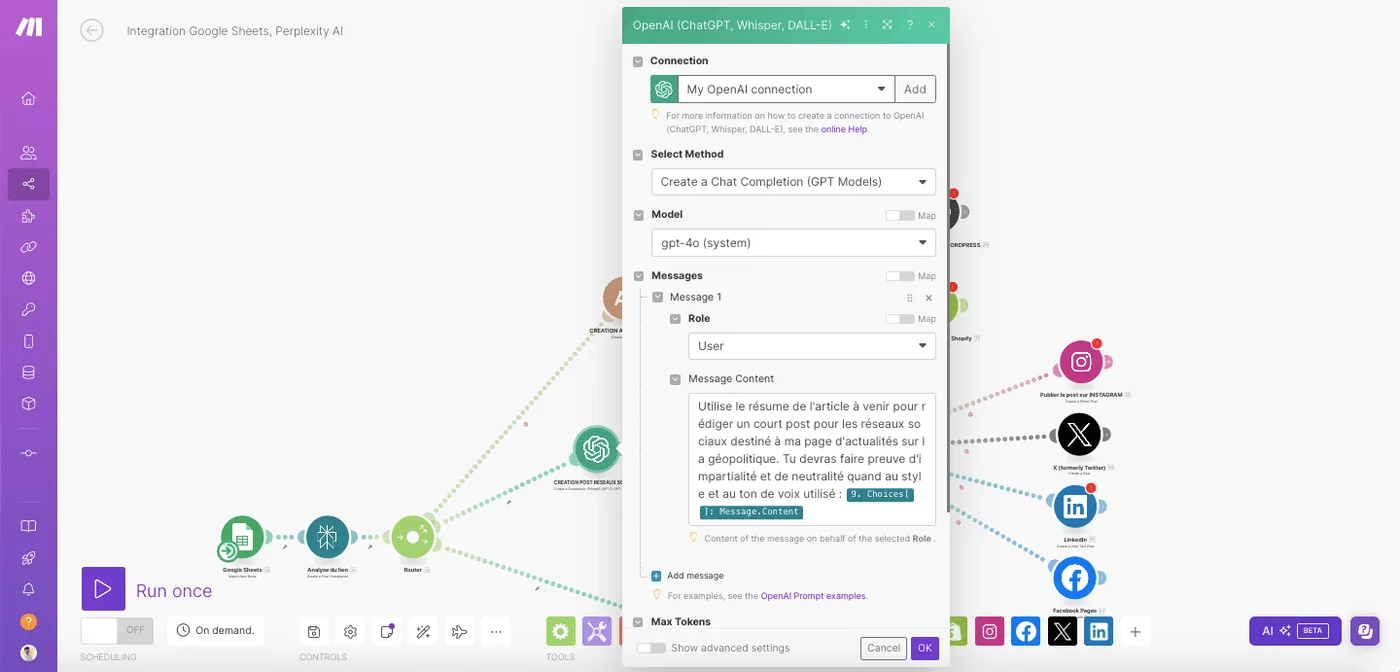 Module OpenAI GPT-4o configuré pour rédiger le post réseaux sociaux