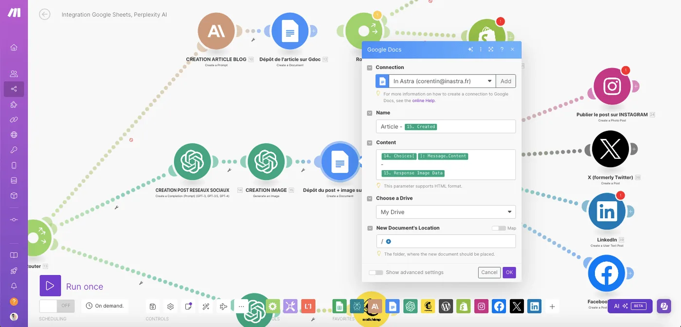 Module Google Docs déposant le texte du post et l’image générée