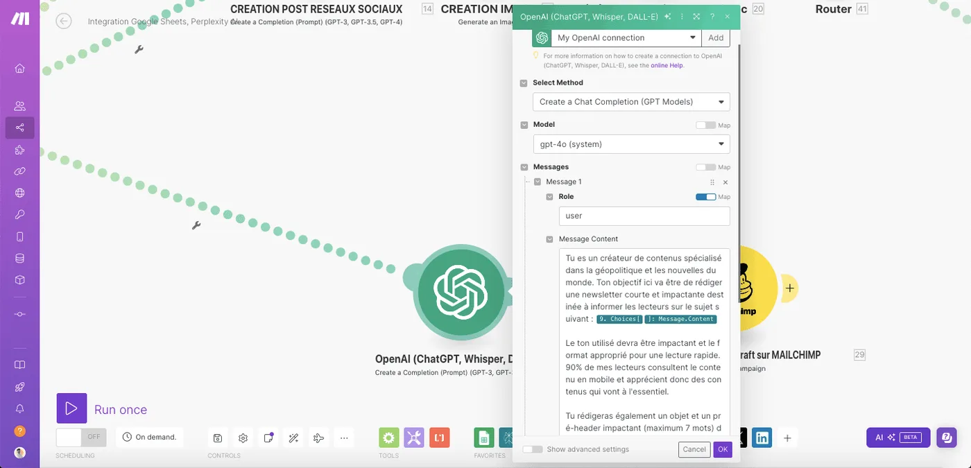 Module OpenAI GPT-4o rédigeant la newsletter au format email