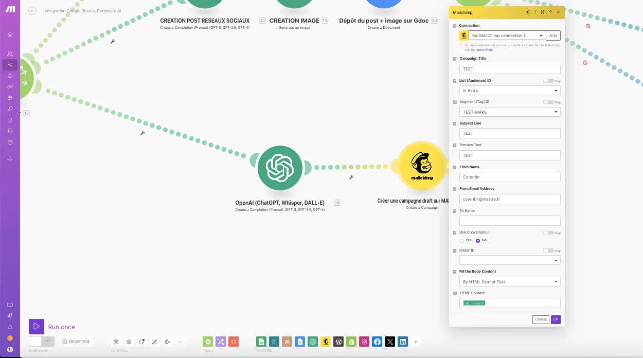 Création d’une campagne brouillon dans Mailchimp avec le contenu HTML généré