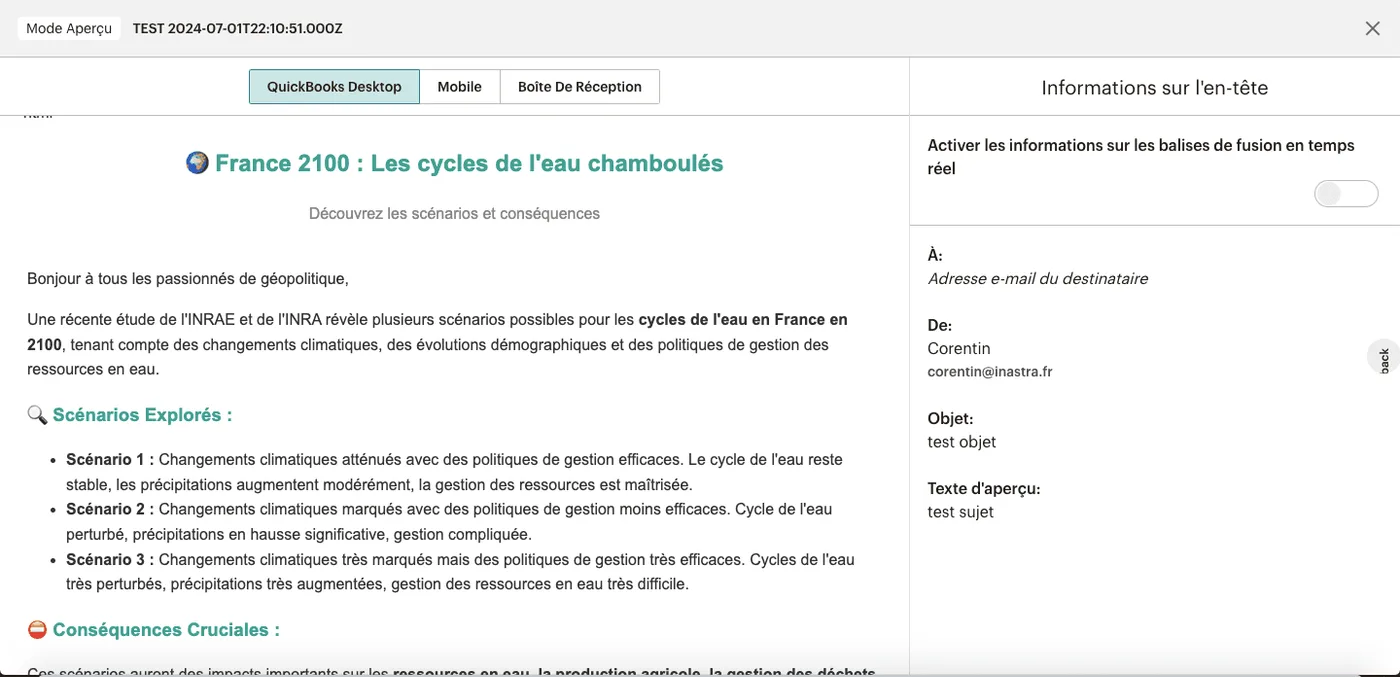 Aperçu du brouillon de newsletter généré dans Mailchimp