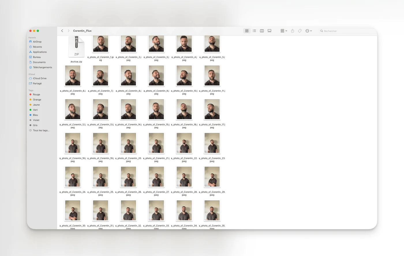 Dossier macOS contenant les photos d’entraînement nommées a_photo_of_Corentin, regroupées dans un fichier ZIP