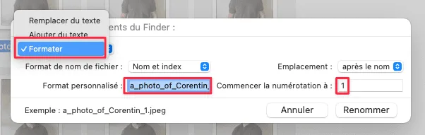 Boîte de dialogue de renommage par lot du Finder macOS, format personnalisé et numérotation à partir de 1