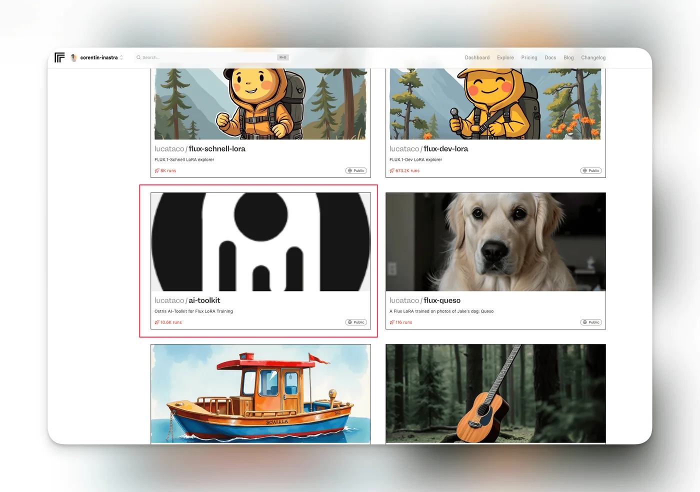 Catalogue de modèles Replicate du profil lucataco, le modèle ai-toolkit entouré en rouge