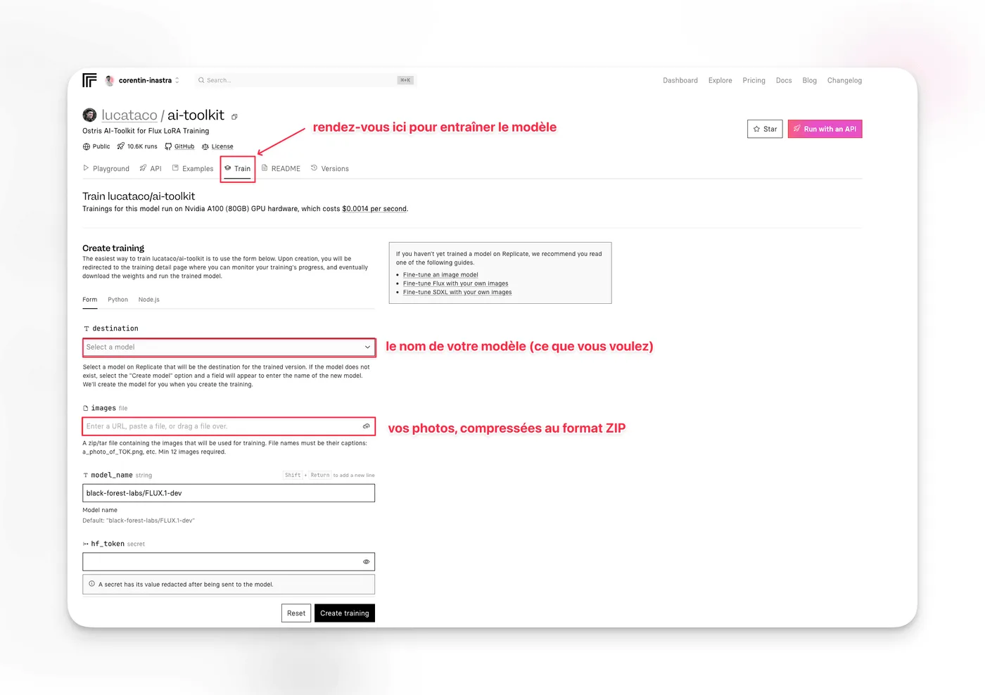 Formulaire d’entraînement Replicate du modèle ai-toolkit, annotations sur l’onglet Train, la destination et le fichier d’images ZIP