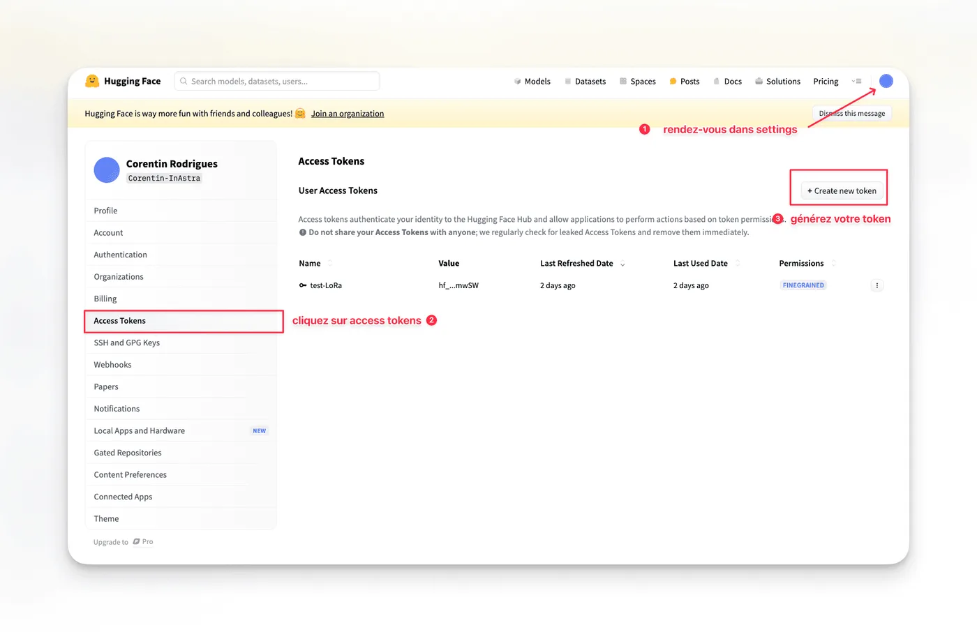Page Access Tokens de Hugging Face avec les étapes Settings, Access Tokens et Create new token entourées