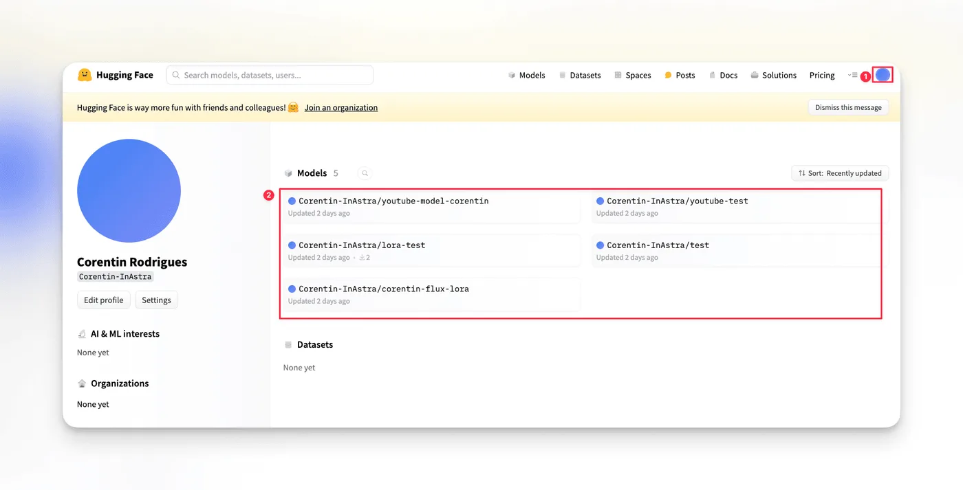 Profil Hugging Face listant les modèles créés