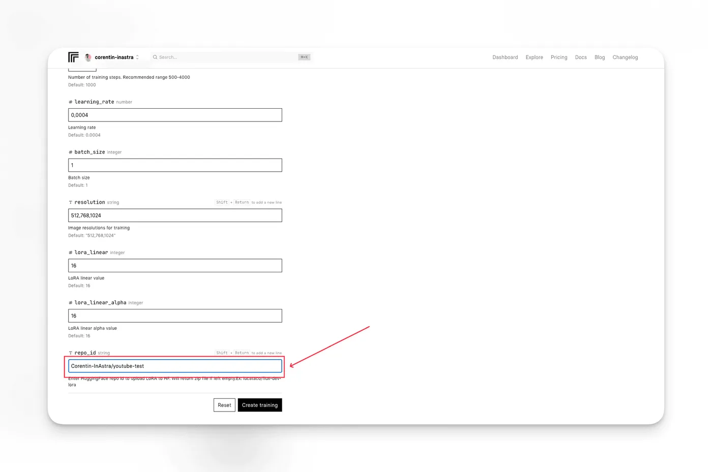 Champ repo_id du formulaire Replicate renseigné avec l’identifiant du dépôt Hugging Face