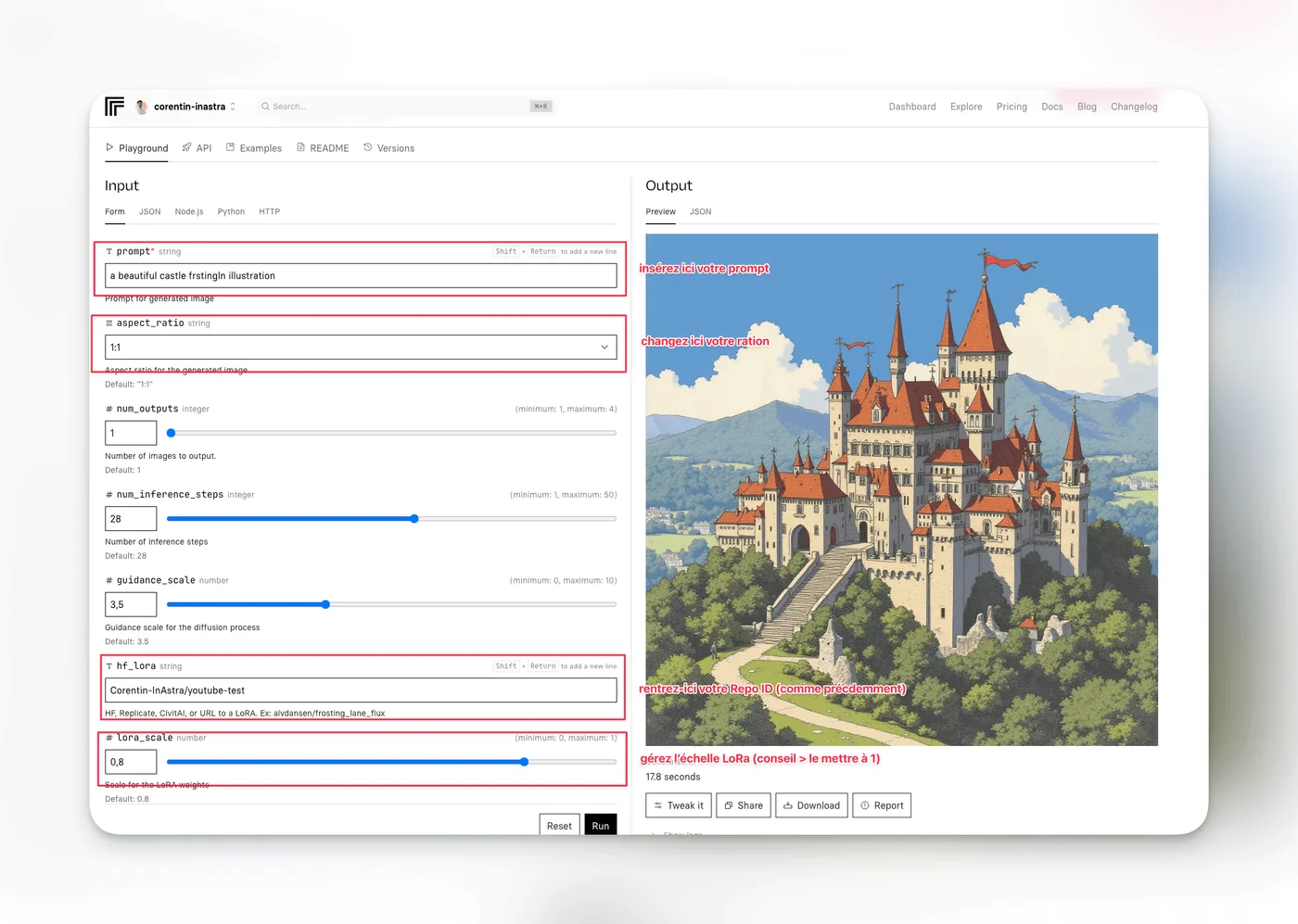 Playground du modèle FluxDevLora sur Replicate, champs prompt, aspect ratio, Repo ID et LoraScale annotés à côté d’un château généré