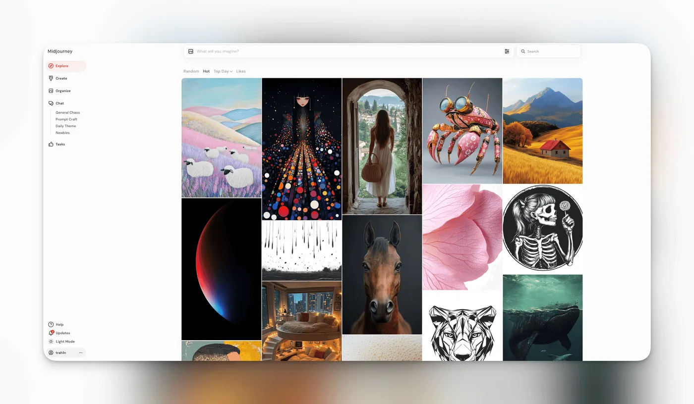 Onglet Explore de MidJourney présentant une mosaïque d’images générées par la communauté