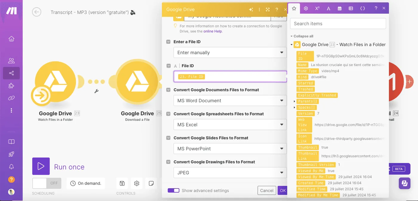 Configuration de la sortie vers Google Docs ou e-mail