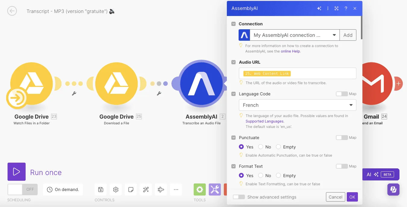 Le scénario complet de transcription automatisée dans Make