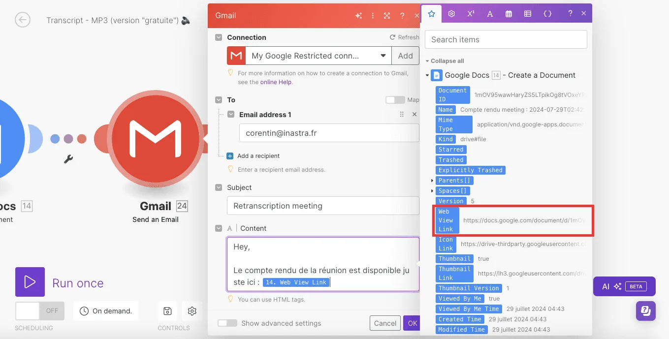 Intégration de la transcription avec d’autres outils via Make