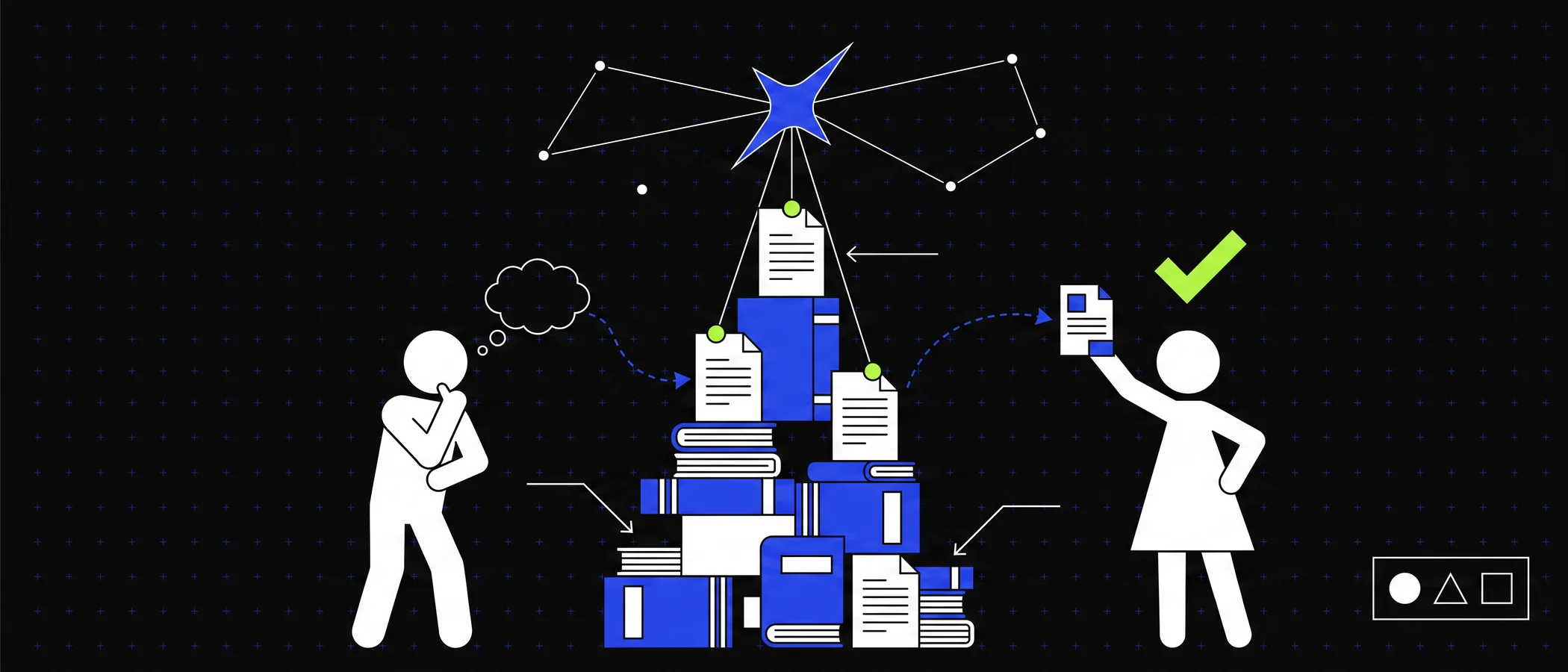 Illustration : tour de documents reliée à une constellation en étoile